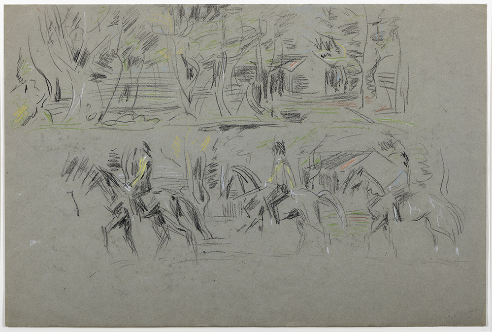 Studie van drie ruiters en bosrand