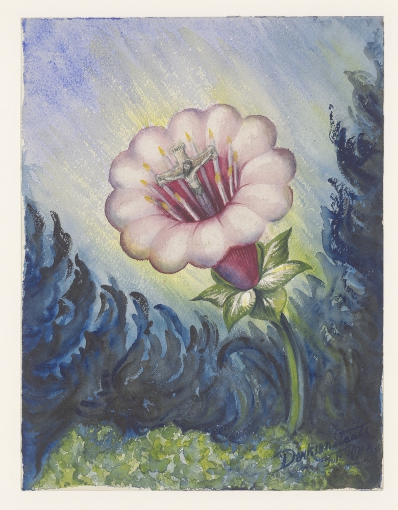 Passiebloem, waarin Christus aan het kruis verschijnt