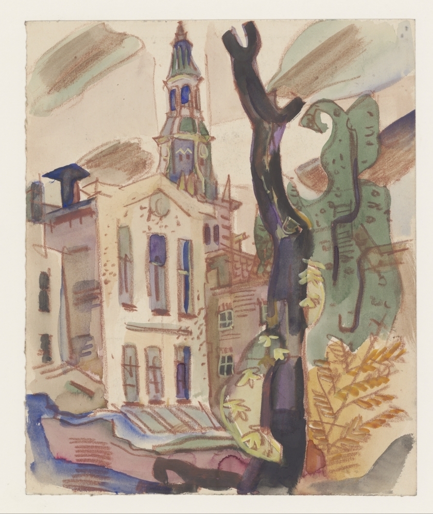 Gezicht op A-toren en Vismarkt, met boom