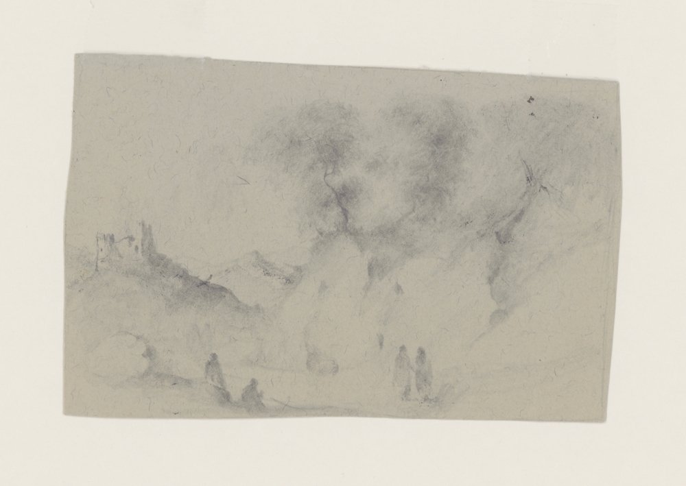 Berglandschap met ruïne en wandelaars