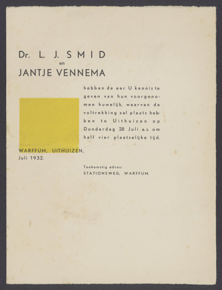 Trouwkaart Dr. L.J. Smid en Jantje Vennema (G-165)