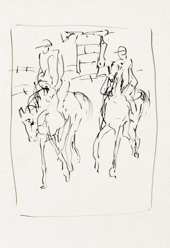 Twee jockeys met starttoren op de achtergrond (SC-75)