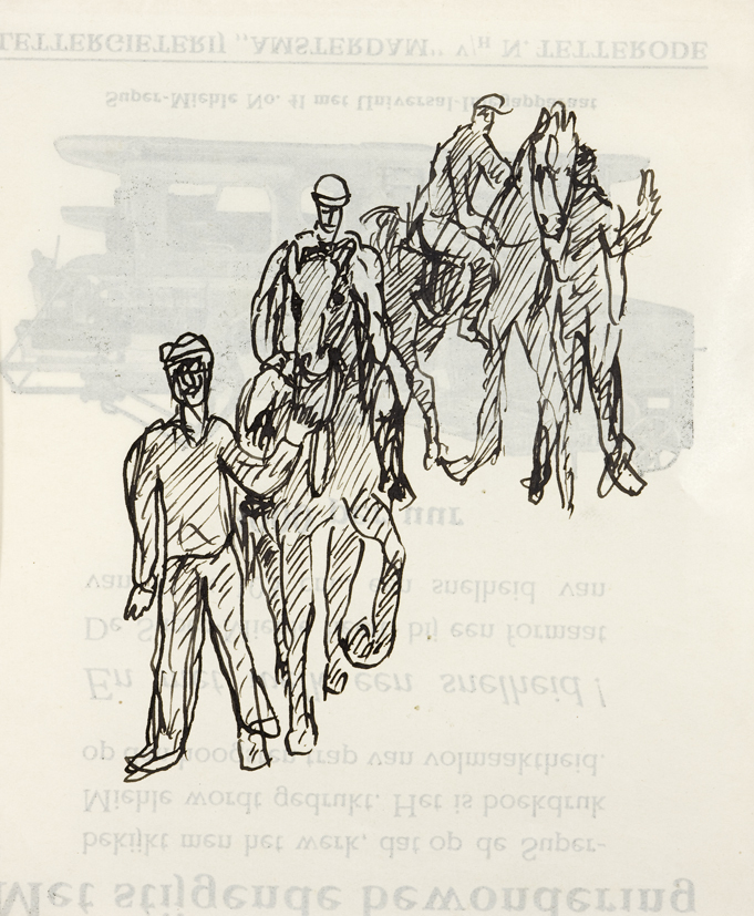 Twee ruiters met twee mannen die paarden aan het bit voeren (SC-261)