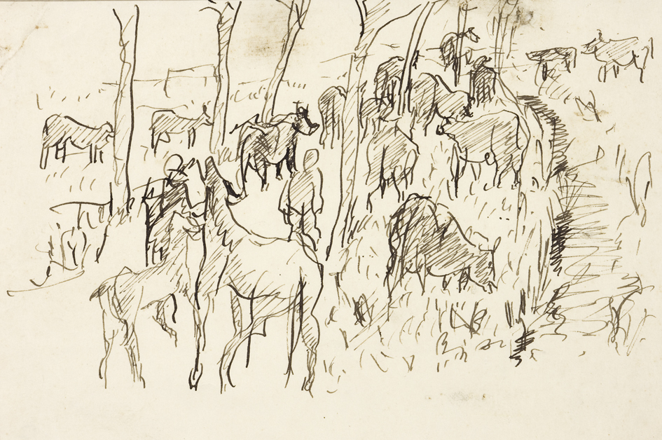 Boerenlandschap met koeien, schapen, paarden en figuren (SC-76)