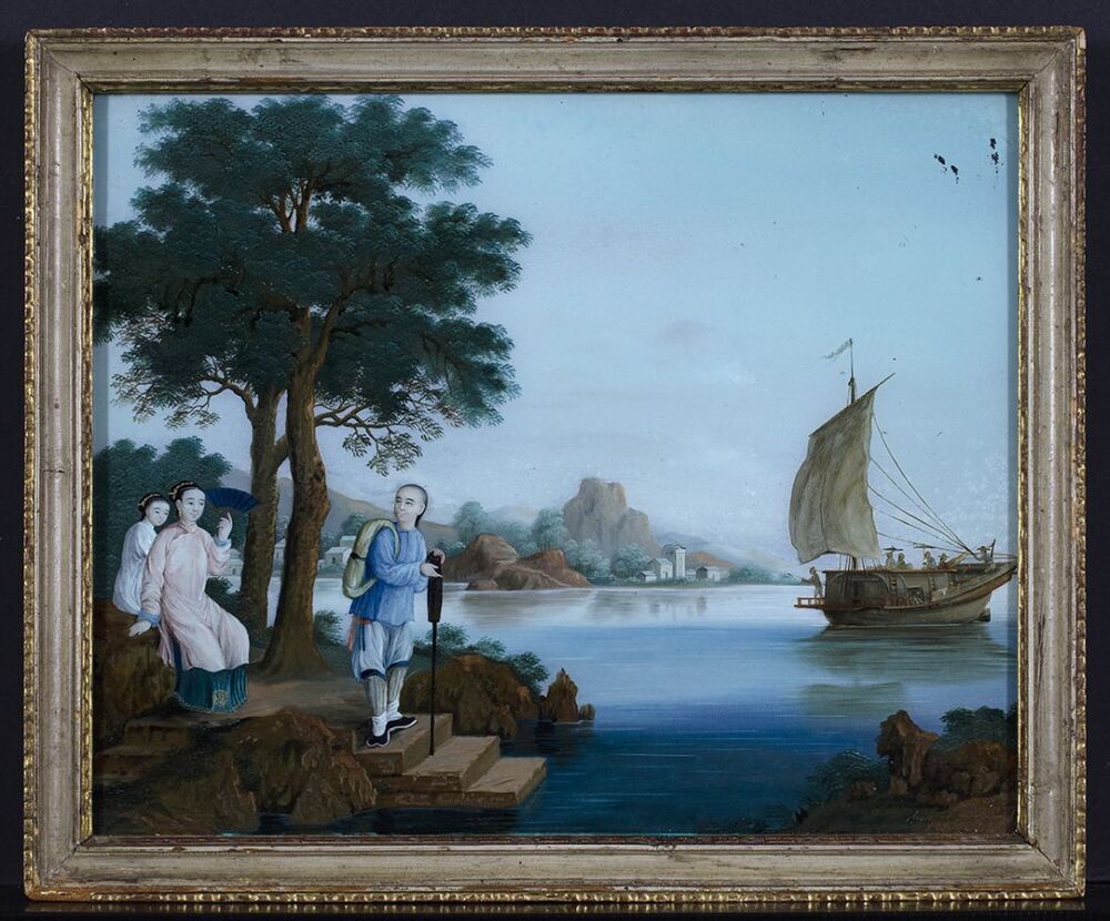 Chinees rivierlandschap met figuren en jonk