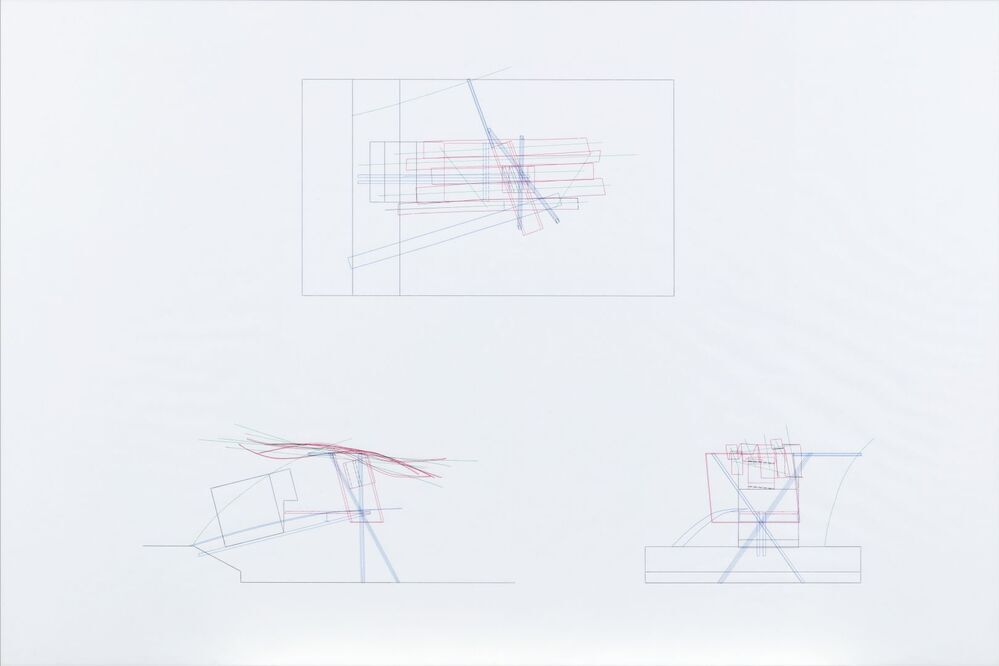Plattegrond, zij-opstand, achteraanzicht (uit serie ontwerptekeningen voor Video Clip Folly)