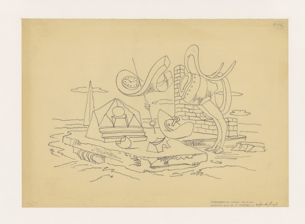 Opstelling met troon, klok en muur op water