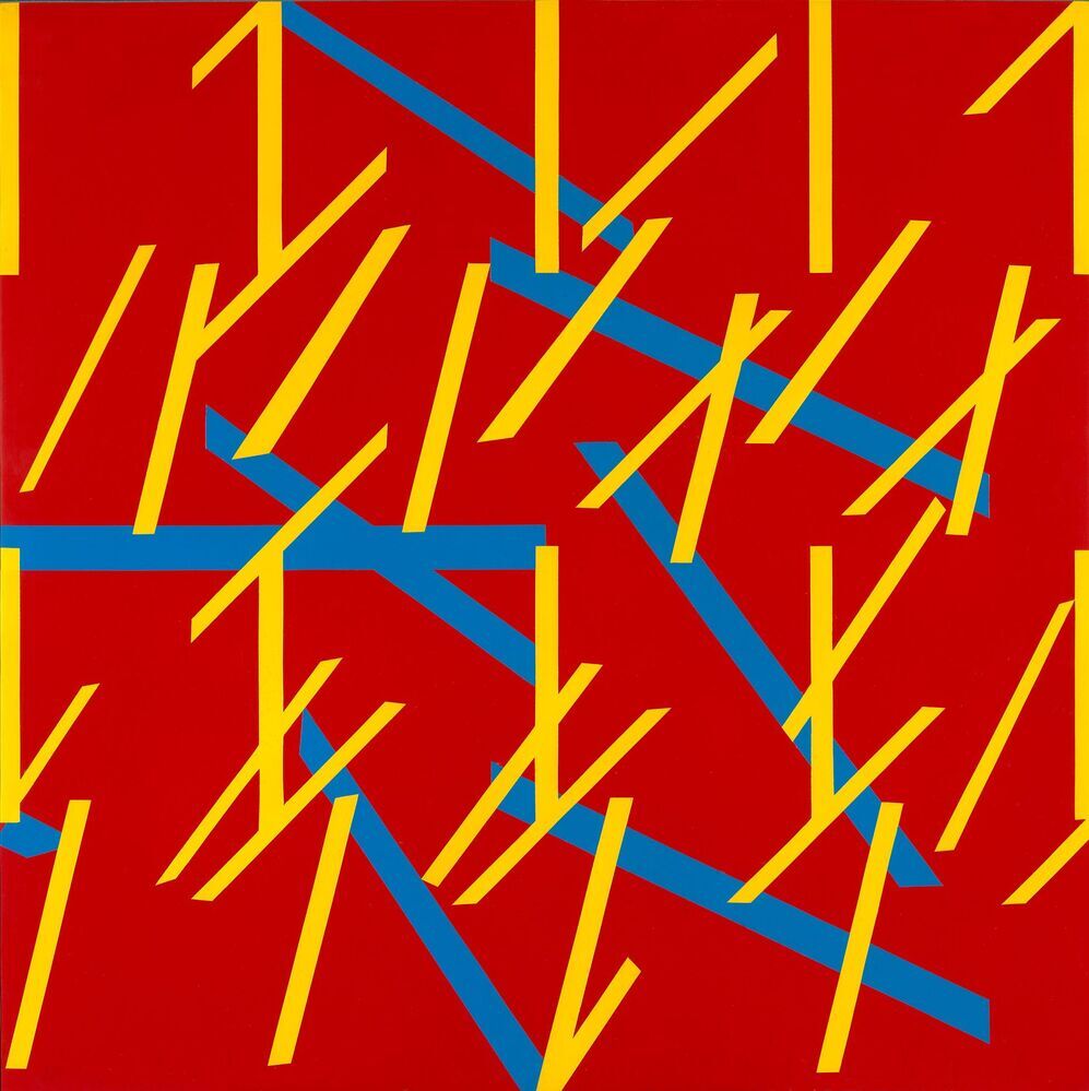 Regelmatige plaatsing van zich in maat verhoudende gele en blauwe strepen op rode ondergrond