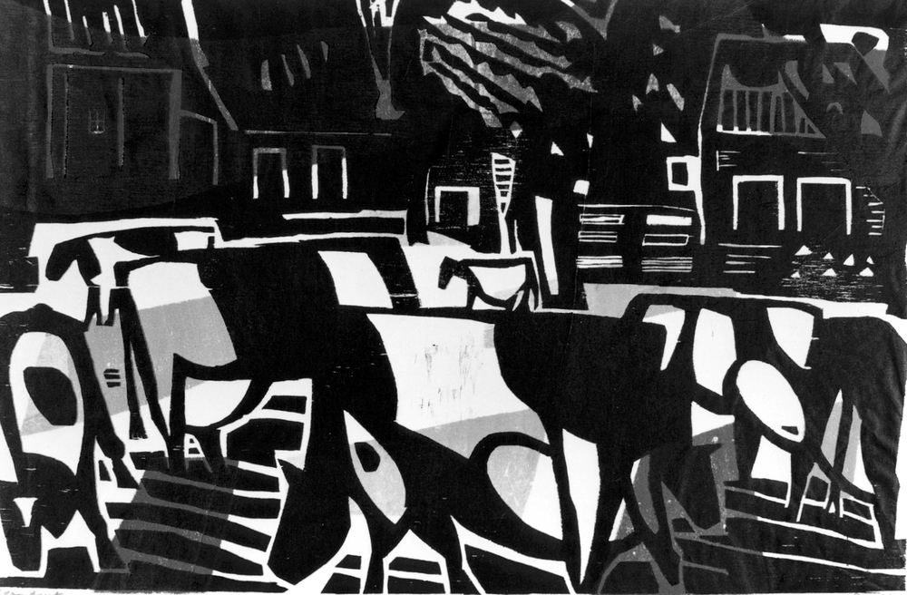 Compositie met huizen en koeien in de wei