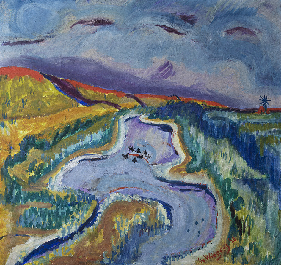 Poel met eenden achter waddendijk