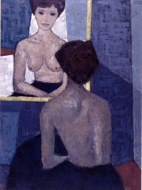 VERVALLEN Half naakt voor de spiegel