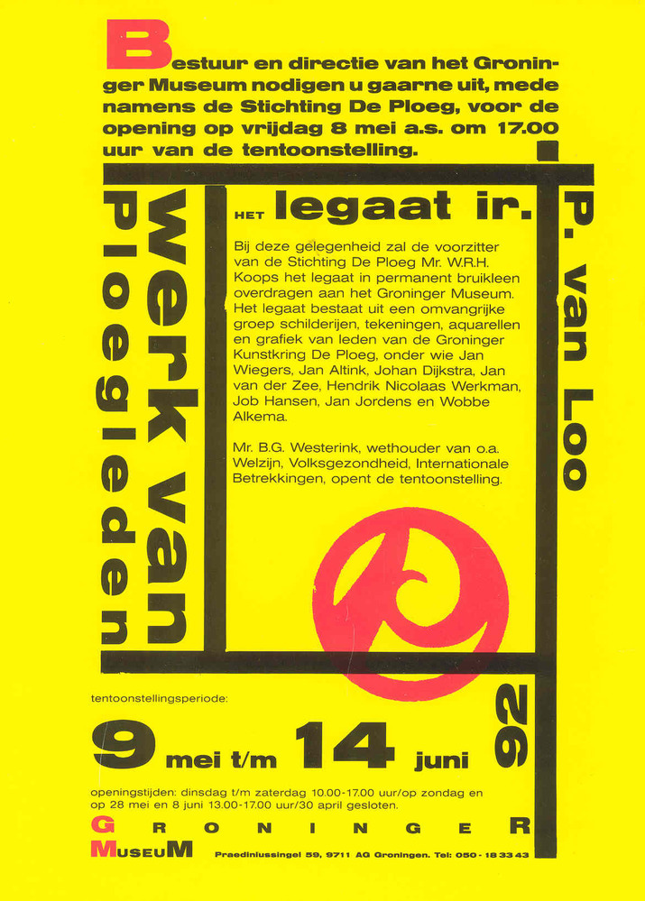 Tentoonstelling in Groninger Museum 1992-05-09 t/m 1992-06-14: Het legaat ir. P. van Loo, werk van Ploegleden met op de achterzijde uitnodiging voor de tentoonstelling Premiere