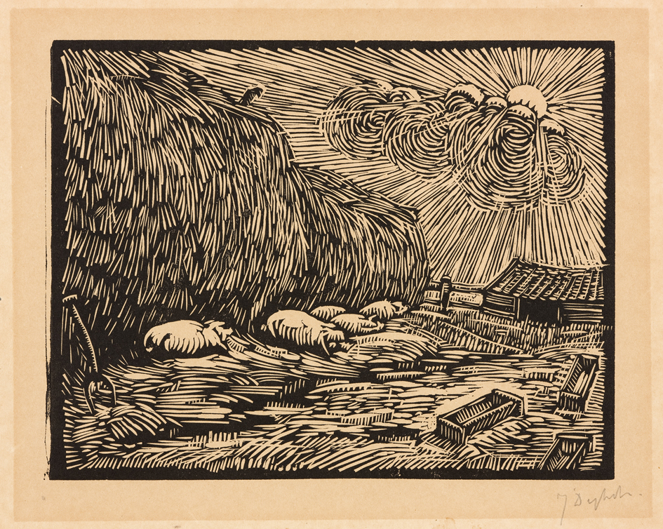 Hooibergen met varkens