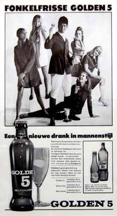 Reclameaffiche voor Golden 5: Fonkelfrisse Golden 5, een nieuwe drank in mannenstijl