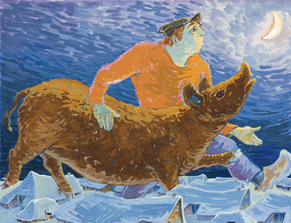 Boerenknecht en varken in maannacht