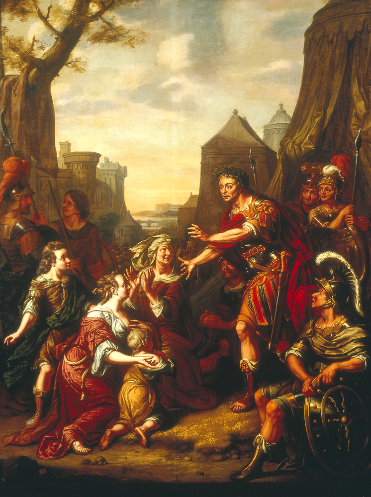 Veturia, Volumnia en Coriolanus (wandschildering in De Zaal in het Huis met de 13 tempels, Groningen)