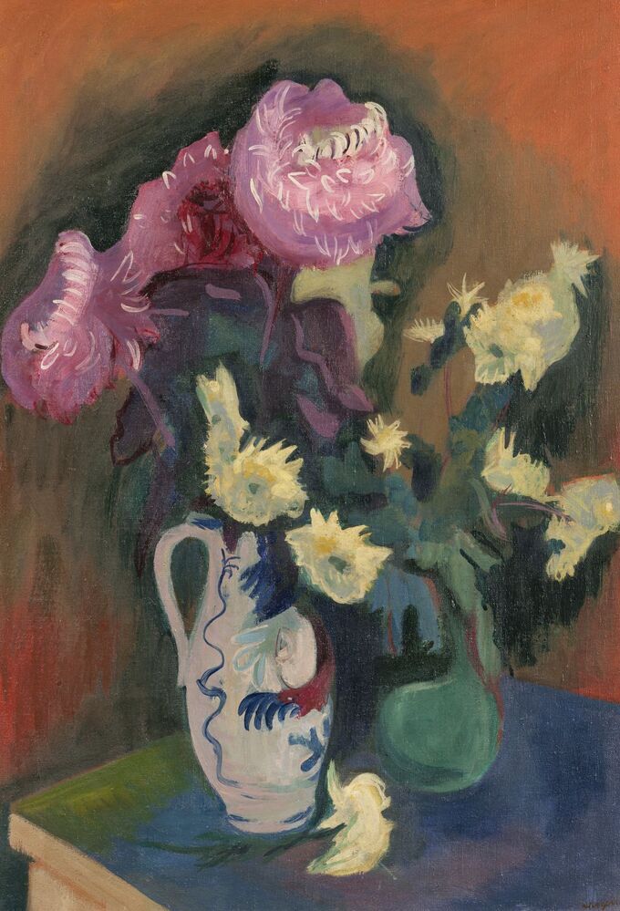 Stilleven met gemengd boeket en Keulse kan