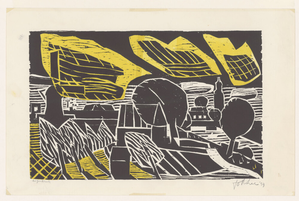 Landschap met dorp en molen