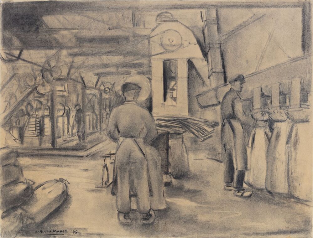 Builerij en opzakkerij in de aardappelmeelfabriek Scholten te Foxhol