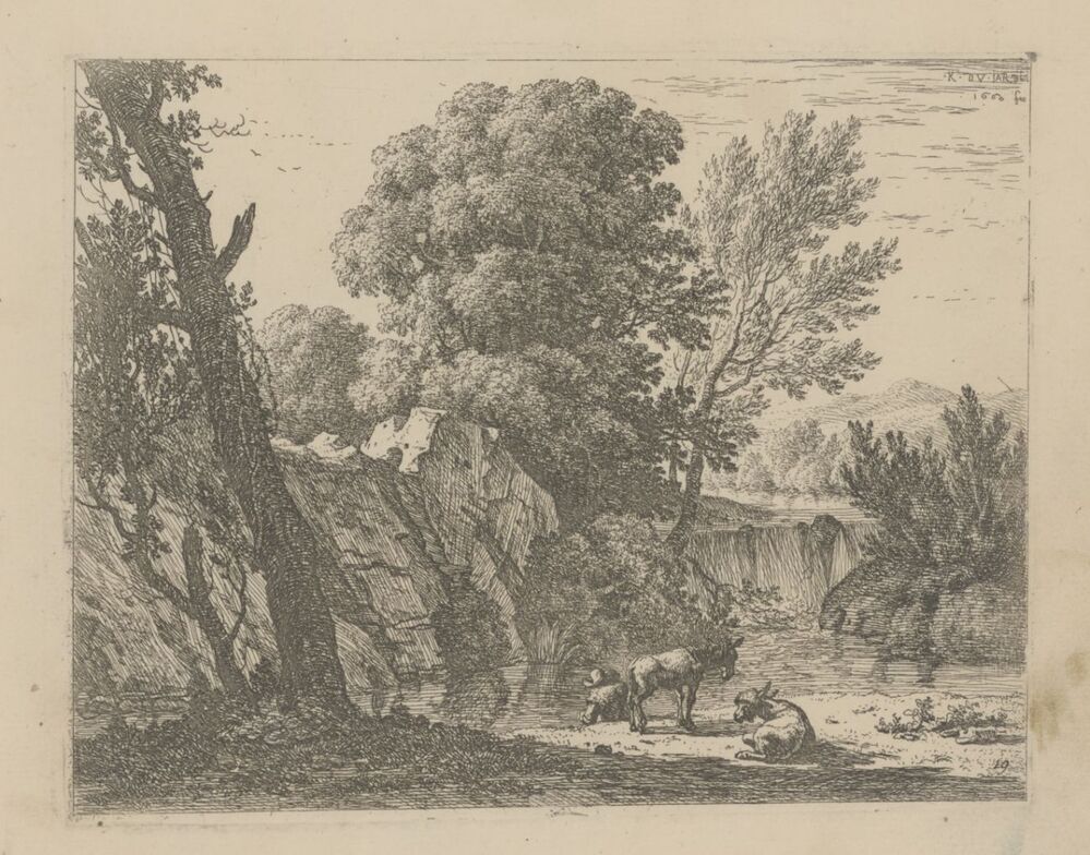 Man met twee ezels bij een beekje