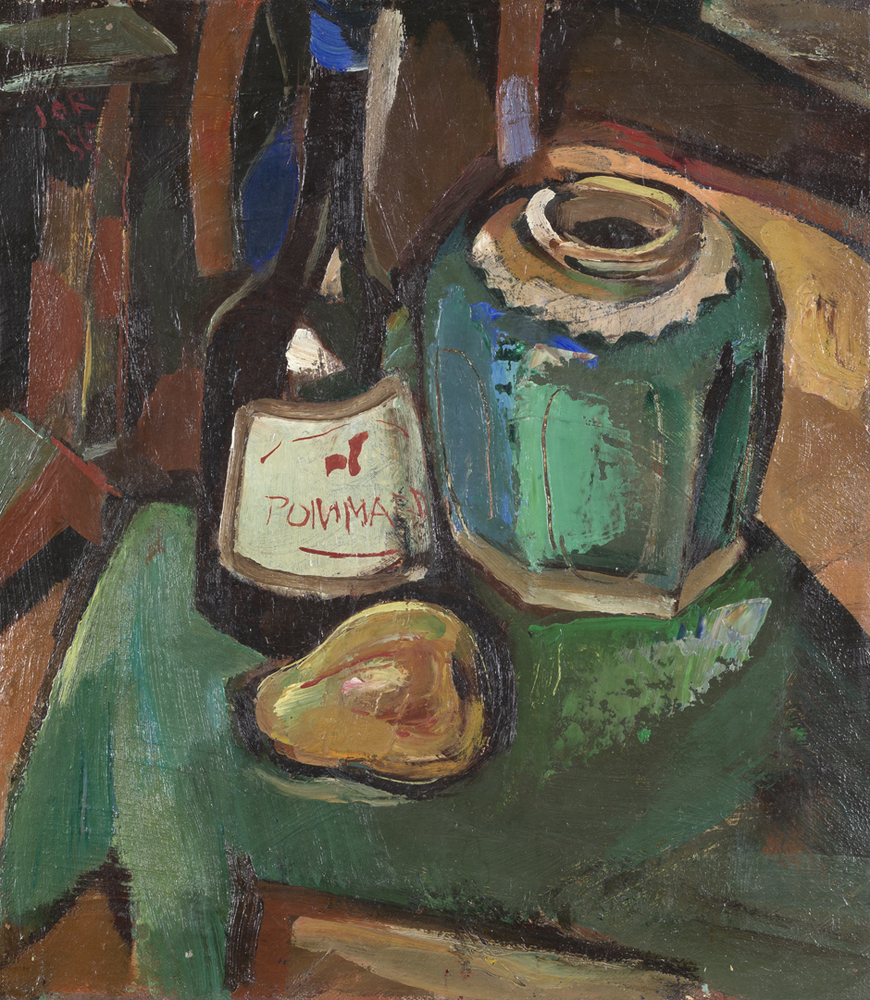 Stilleven: gemberpot, wijnglas, peer