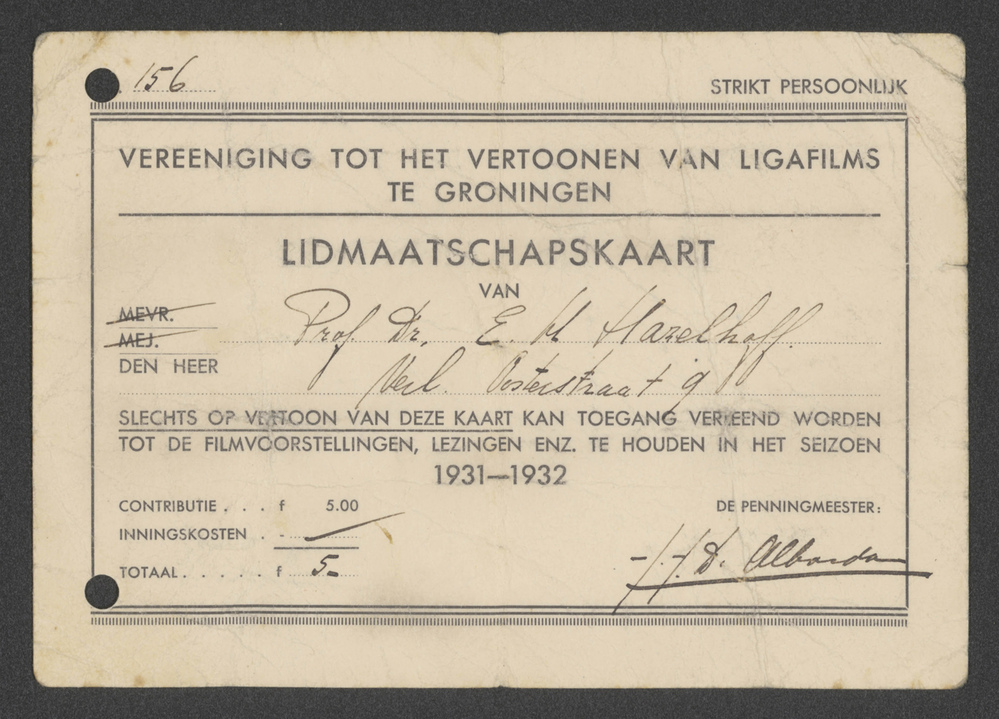 Lidmaatschapskaart van de Vereniging tot het Vertoonen van Ligafilms te Groningen