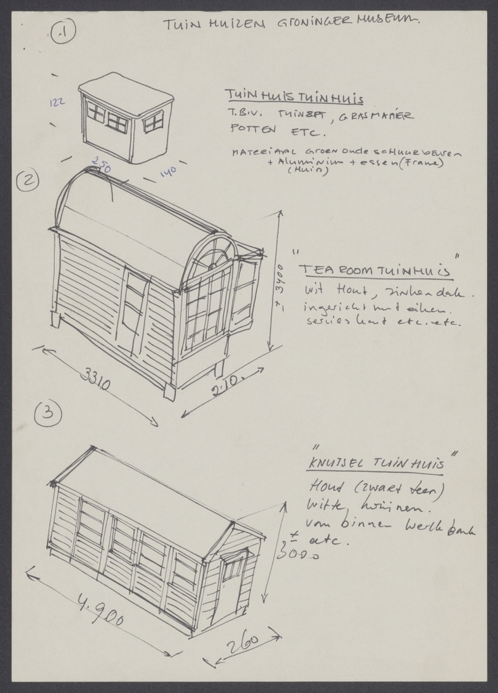 Ontwerpschetsen van tuinhuisjes en meubilair