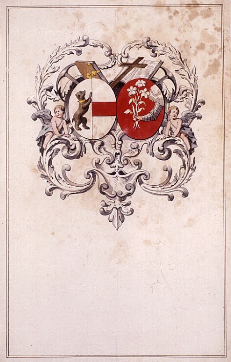 De wapens van ds Rudolphus Kuen en zijn echtgenote Elisabeth Placius in een cartouche met symbolen van geloof, hoop en liefde