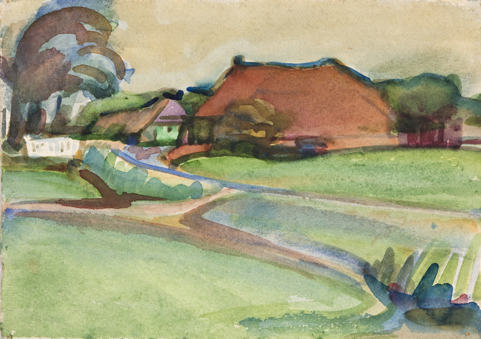 Boerderij in weideland met wit hek