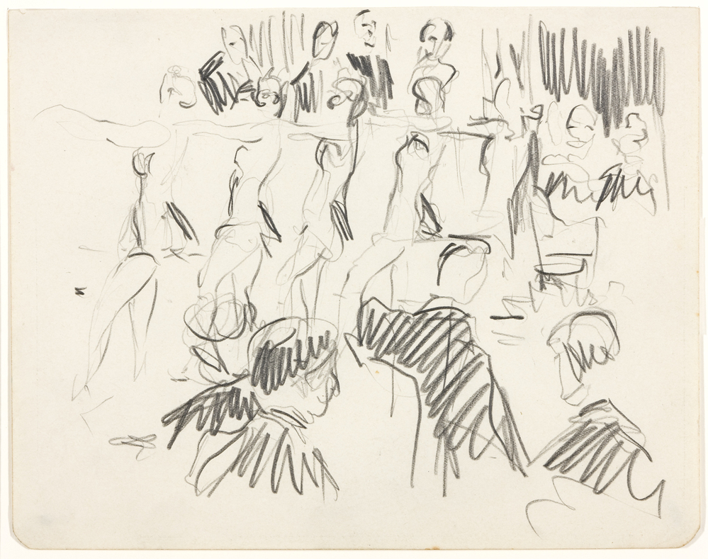 Revue-cabaret: danseressen, orkest en publiek