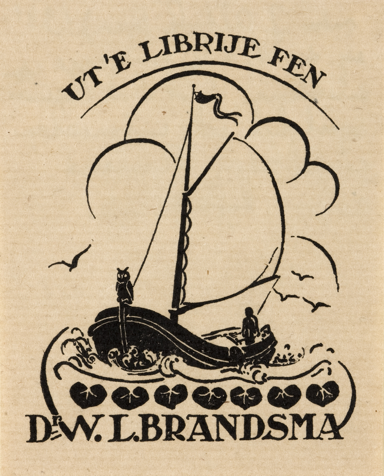 Ex-libris "Ut 'e librije fen" Dr W.L. Brandsma