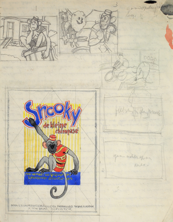 Ontwerpschetsen voor Snooky de kleine chimpansee