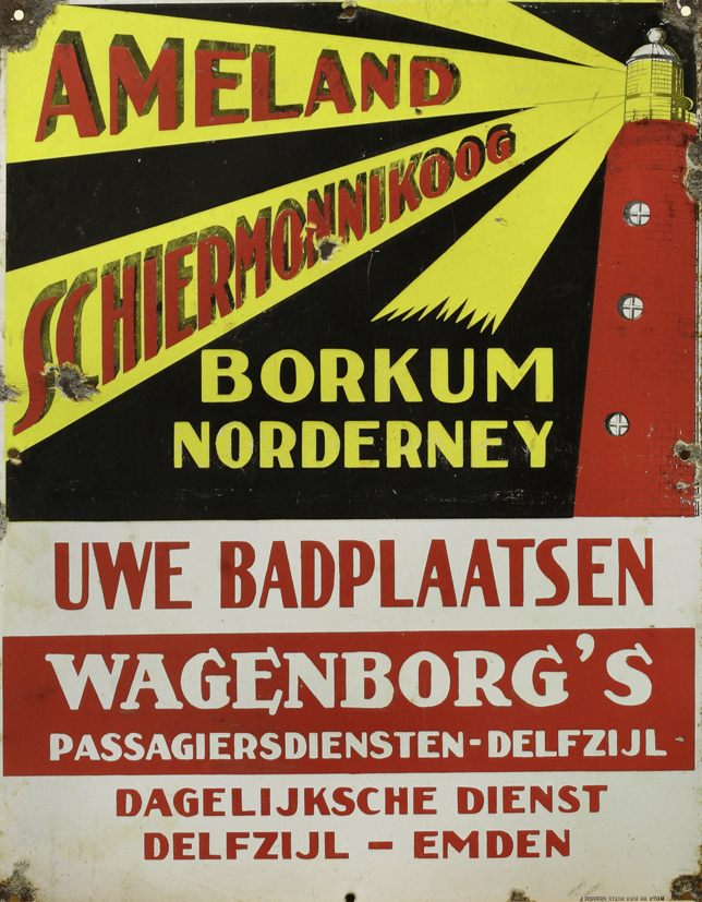 Reclameplaat van Wagenborg's passagiersdiensten te Delfzijl (veerdienst)