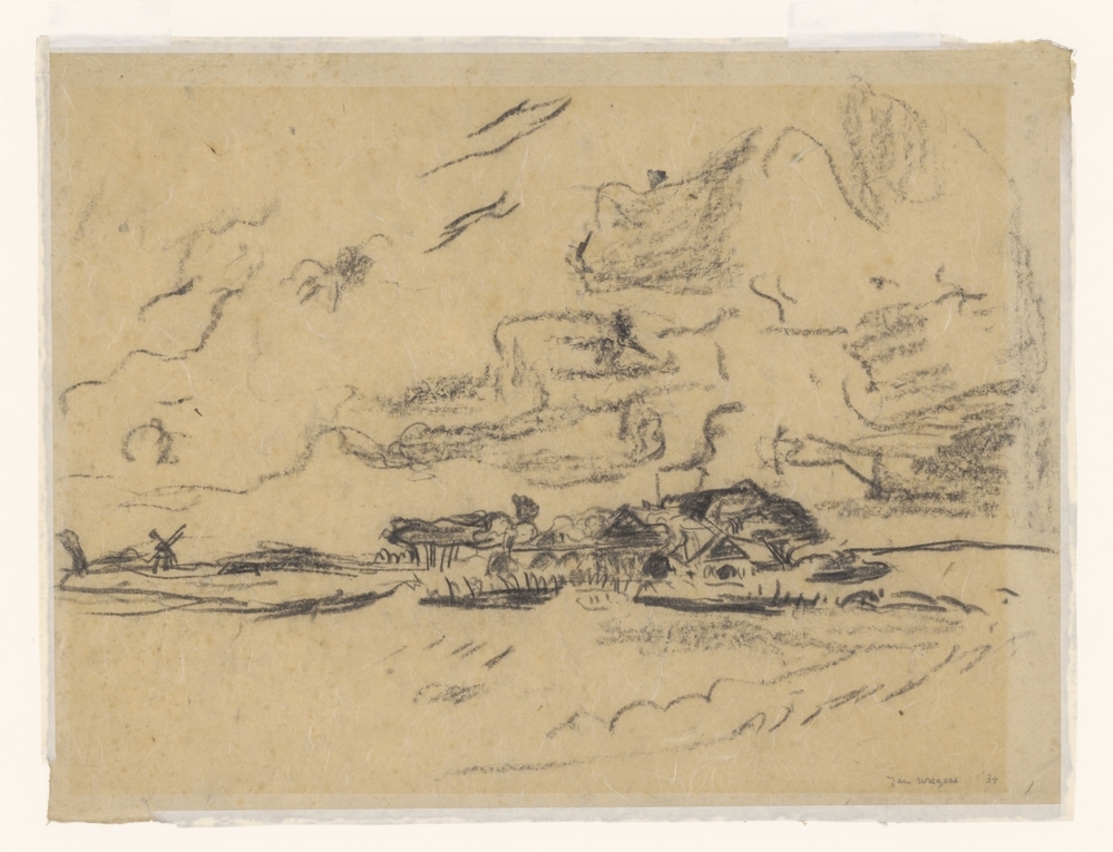 Landschap met enige bebouwing en molen