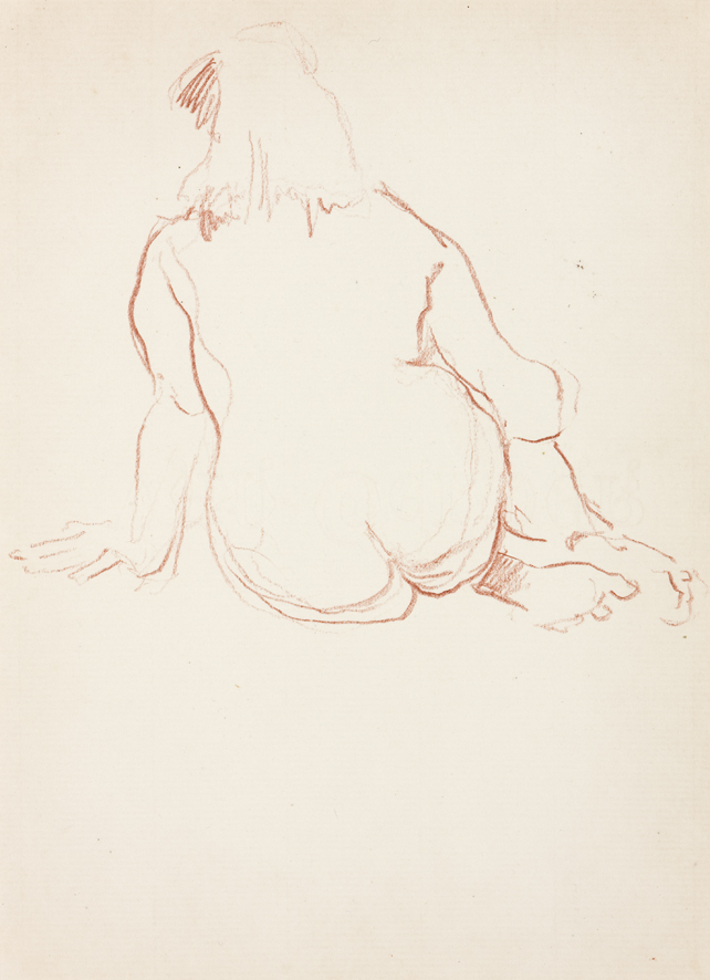 Zittend naakt op de rug gezien