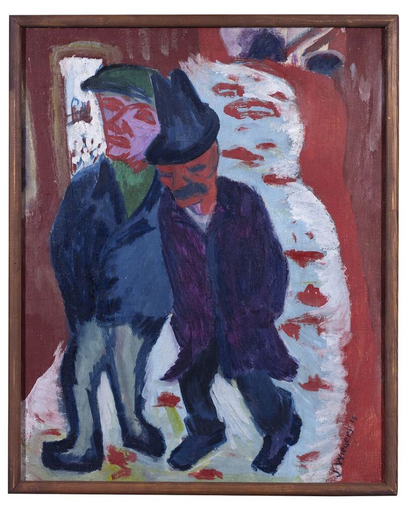 Twee mannen in de sneeuw, komend uit een café aan het Boterdiep