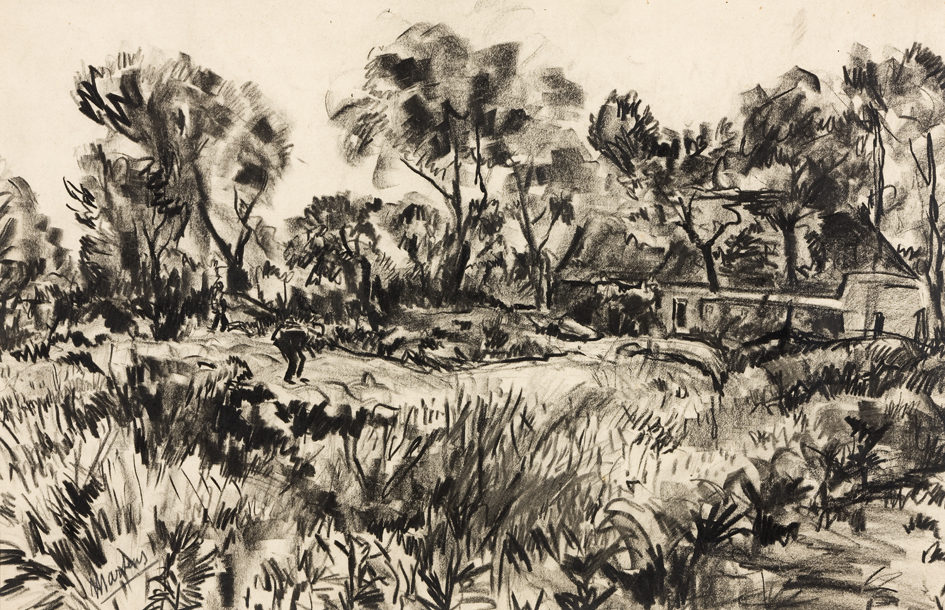 Landschap met boerderij en twee figuren