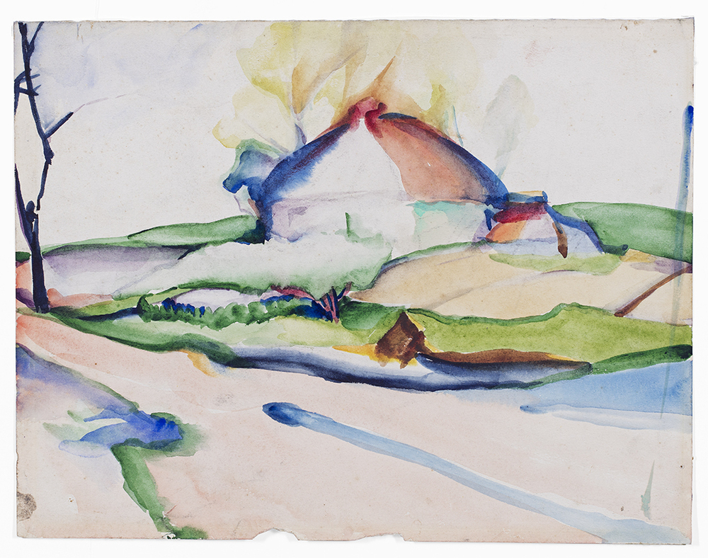 Gestileerd landschap met boerderij en gele bomen