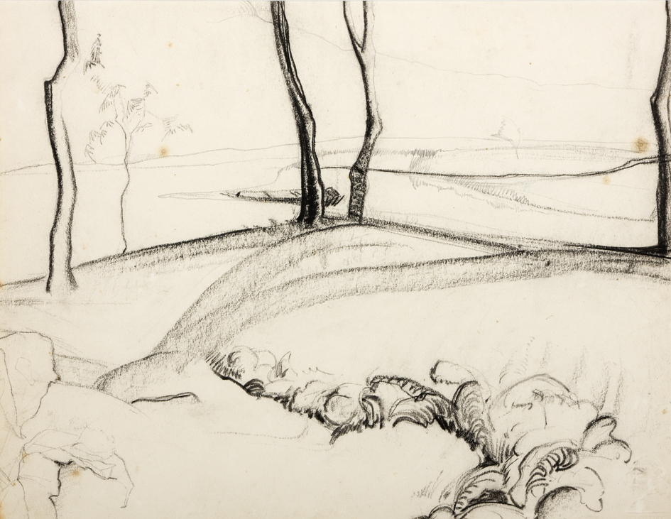 Landschap met sterk gestileerde bomen, langs de Drentse A?