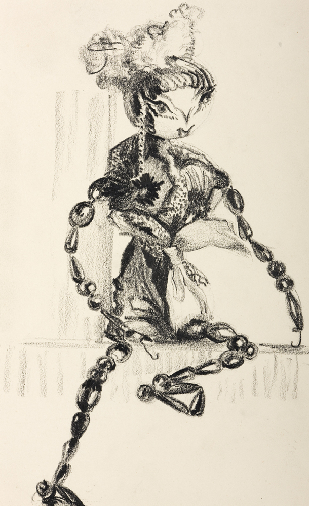 Een door Pott gemaakte kralenpop met beschilderd
gezicht