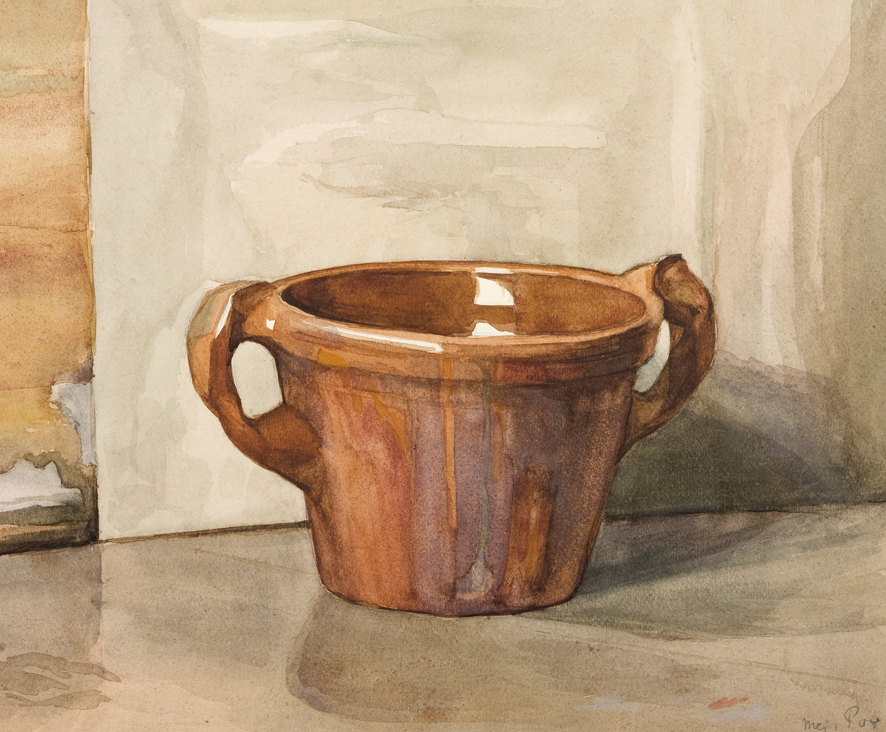 Geglazuurde aarden pot met twee oren