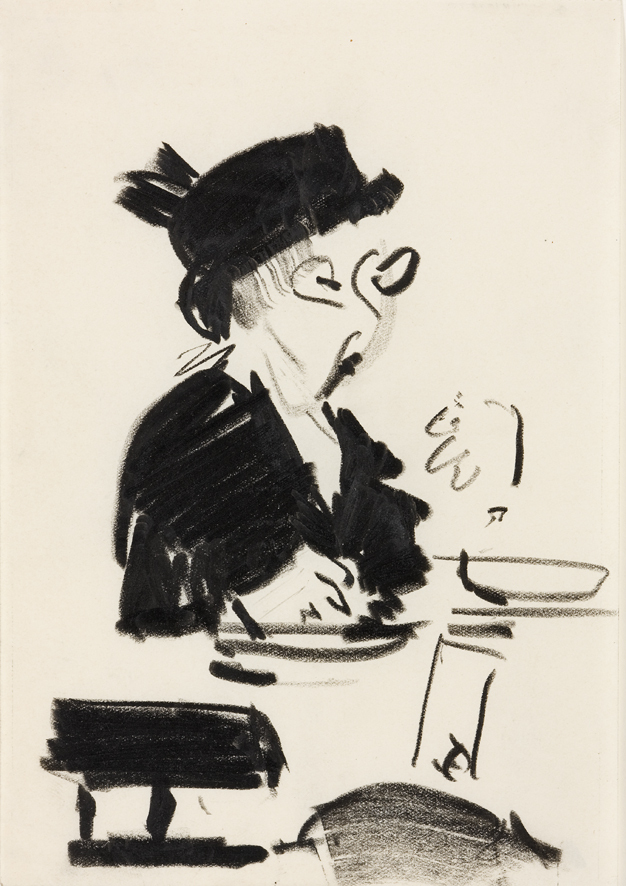 Zingend oud vrouwtje met zwarte hoed