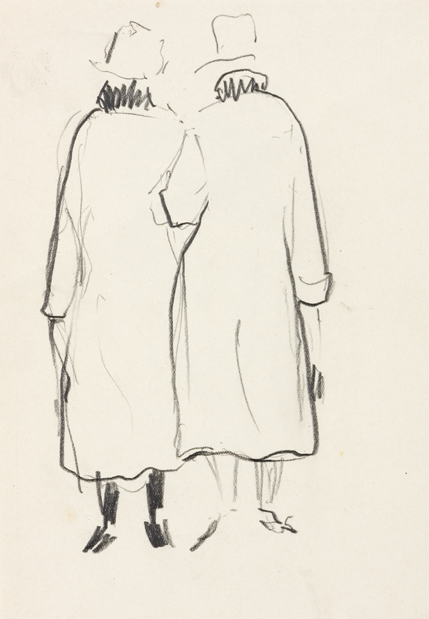 Gearmd staande vrouwen, van achteren gezien