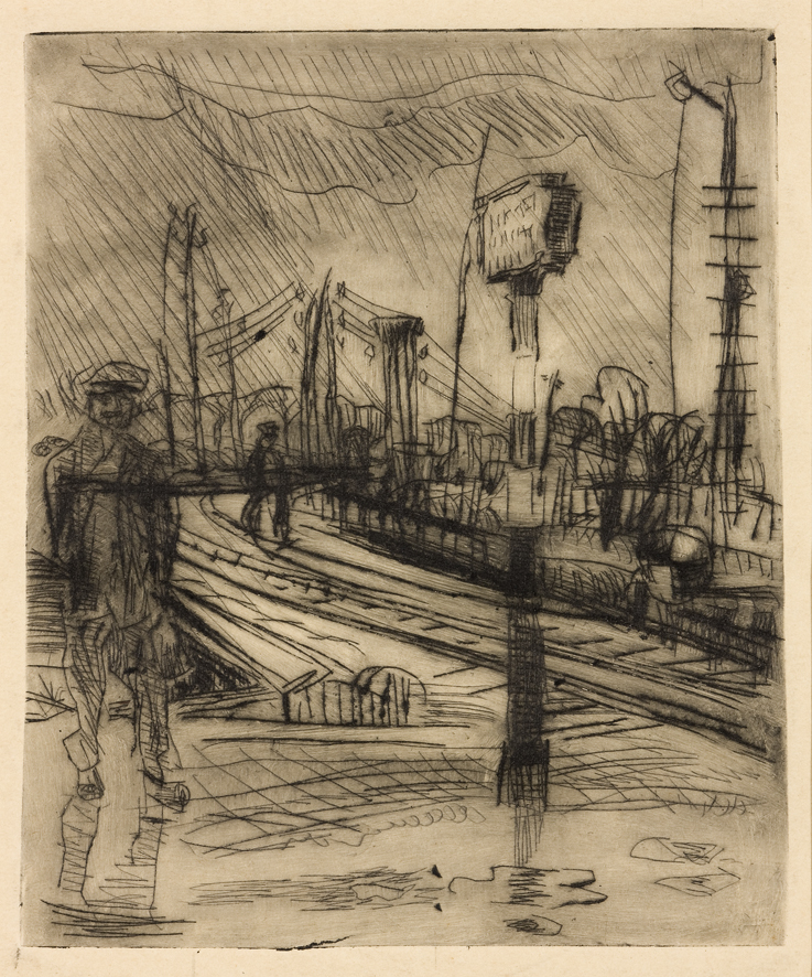 Brug en omgeving met twee passanten