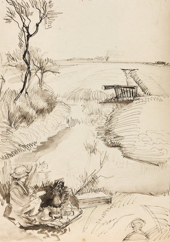 Picnic-scène in landschap met sloot