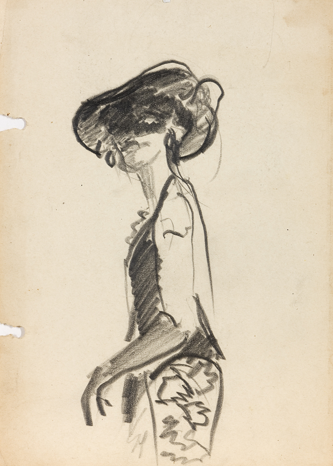 Schets van modieuze dame met hoed