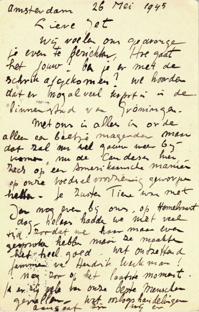 Briefkaart van Jan Wiegers aan Jet Schilhorn-Van Veen, 26-5-1945