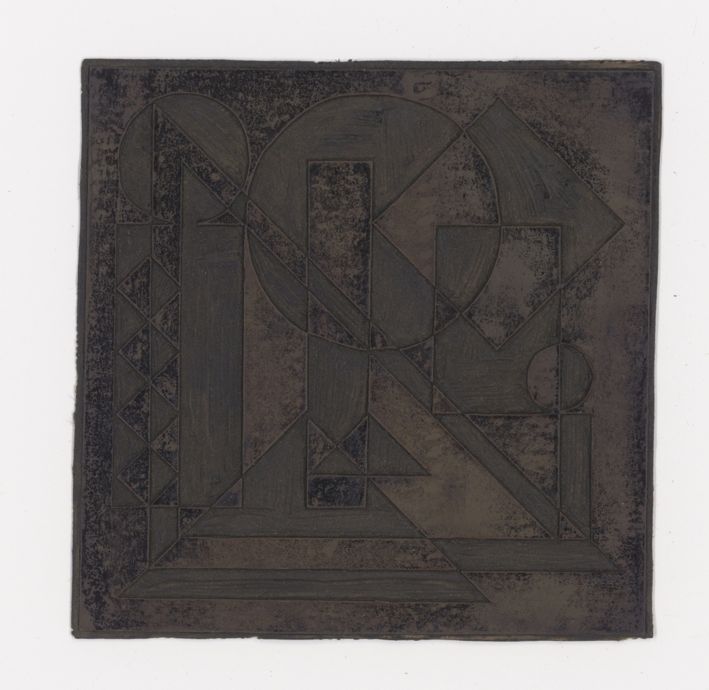 Compositie met driehoeken en drie cirkels (linoleumblok)