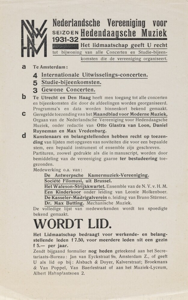 Informatiebiljet en mededelingenformulier van de Nederlandsche Vereeniging voor Hedendaagsche Muziek