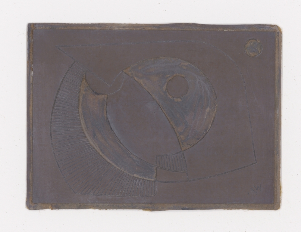 Figuur in zilver op zwart papier (linoleumblok)